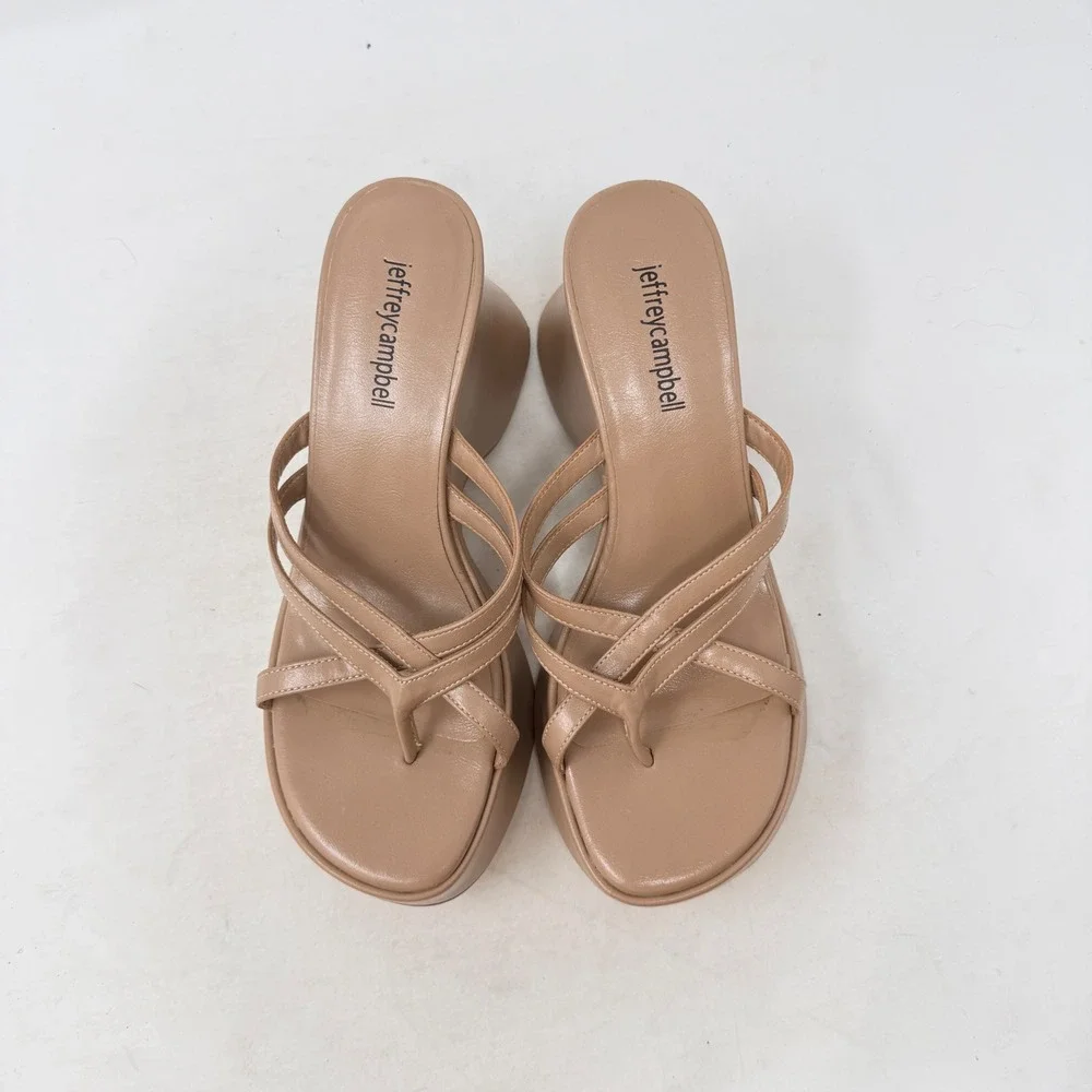 Jeffrey Campbell Platform Wedge Sandals Tan Size 7 Y2K Strappy Chunky Thong
